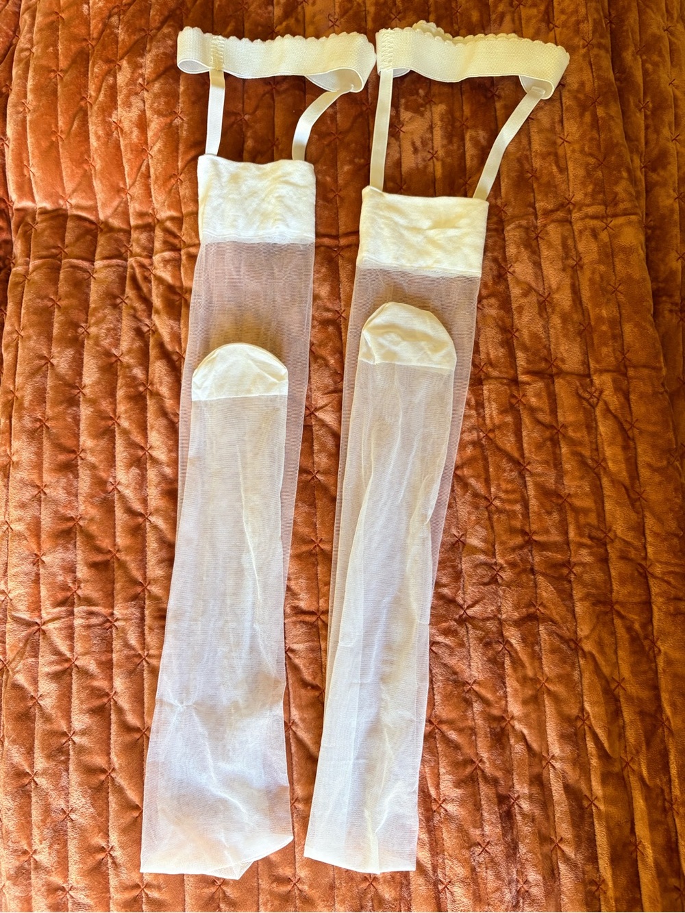 Sheer White Thigh-High Stockings with Garters - Picture 4 of 8